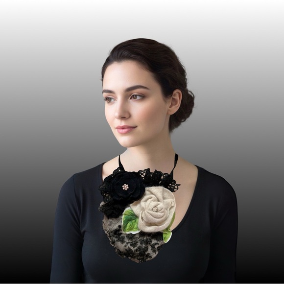 Cashmere Heart of Roses Textile Necklace with Vintage Lace in Black & Ivory OOAK